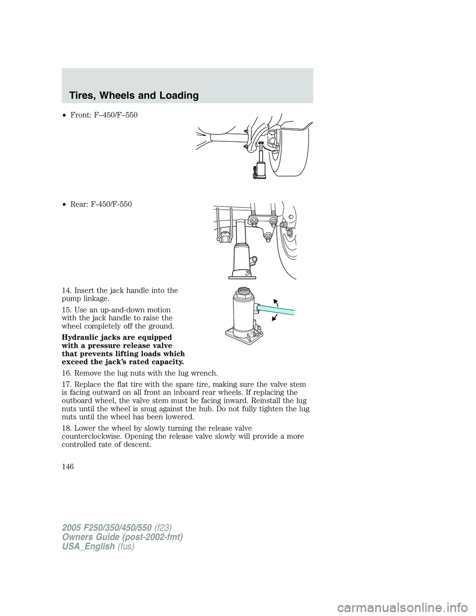 FORD F250 SUPER DUTY 2005  Owners Manual • Front: F–450/F–550
• Rear: F-450/F-550
14. Insert the jack handle into the
pump linkage.
15. Use an up-and-down motion
with the jack handle to raise the
wheel completely off the ground.
Hydr