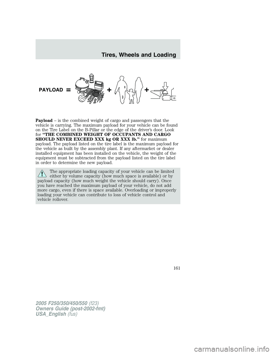 FORD F250 SUPER DUTY 2005  Owners Manual Payload – is the combined weight of cargo and passengers that the
vehicle is carrying. The maximum payload for your vehicle can be found
on the Tire Label on the B-Pillar or the edge of the driver�