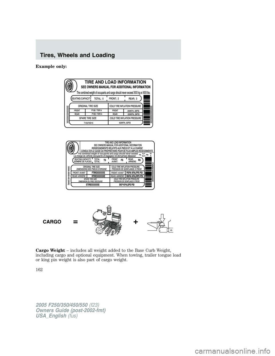 FORD F250 SUPER DUTY 2005  Owners Manual Example only:
Cargo Weight – includes all weight added to the Base Curb Weight,
including cargo and optional equipment. When towing, trailer tongue load
or king pin weight is also part of cargo weig