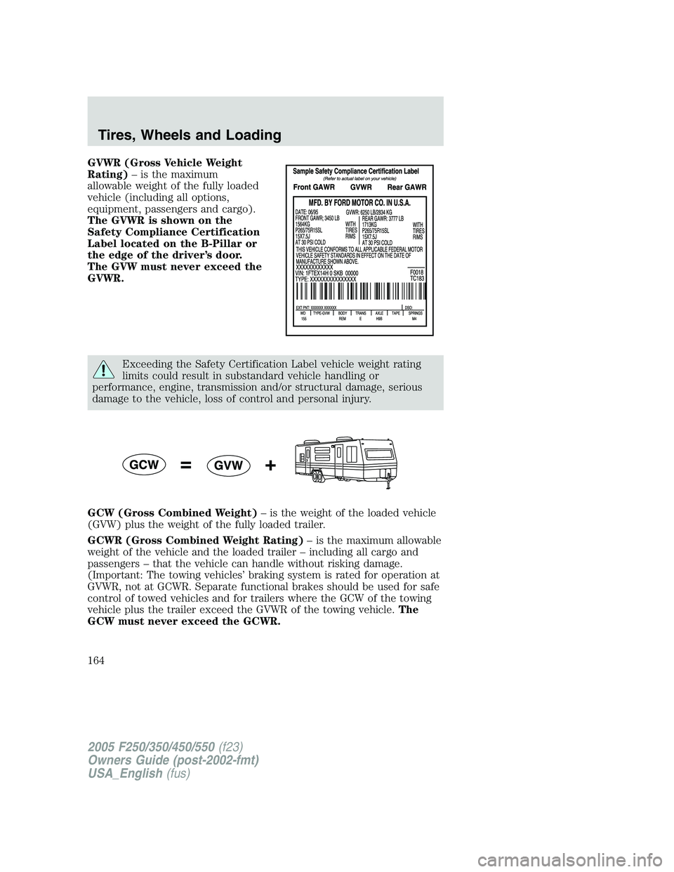 FORD F250 SUPER DUTY 2005  Owners Manual GVWR (Gross Vehicle Weight
Rating) – is the maximum
allowable weight of the fully loaded
vehicle (including all options,
equipment, passengers and cargo).
The GVWR is shown on the
Safety Compliance 