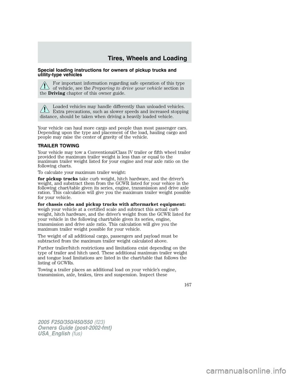 FORD F250 SUPER DUTY 2005  Owners Manual Special loading instructions for owners of pickup trucks and
utility-type vehicles
For important information regarding safe operation of this type
of vehicle, see the Preparing to drive your vehicle s