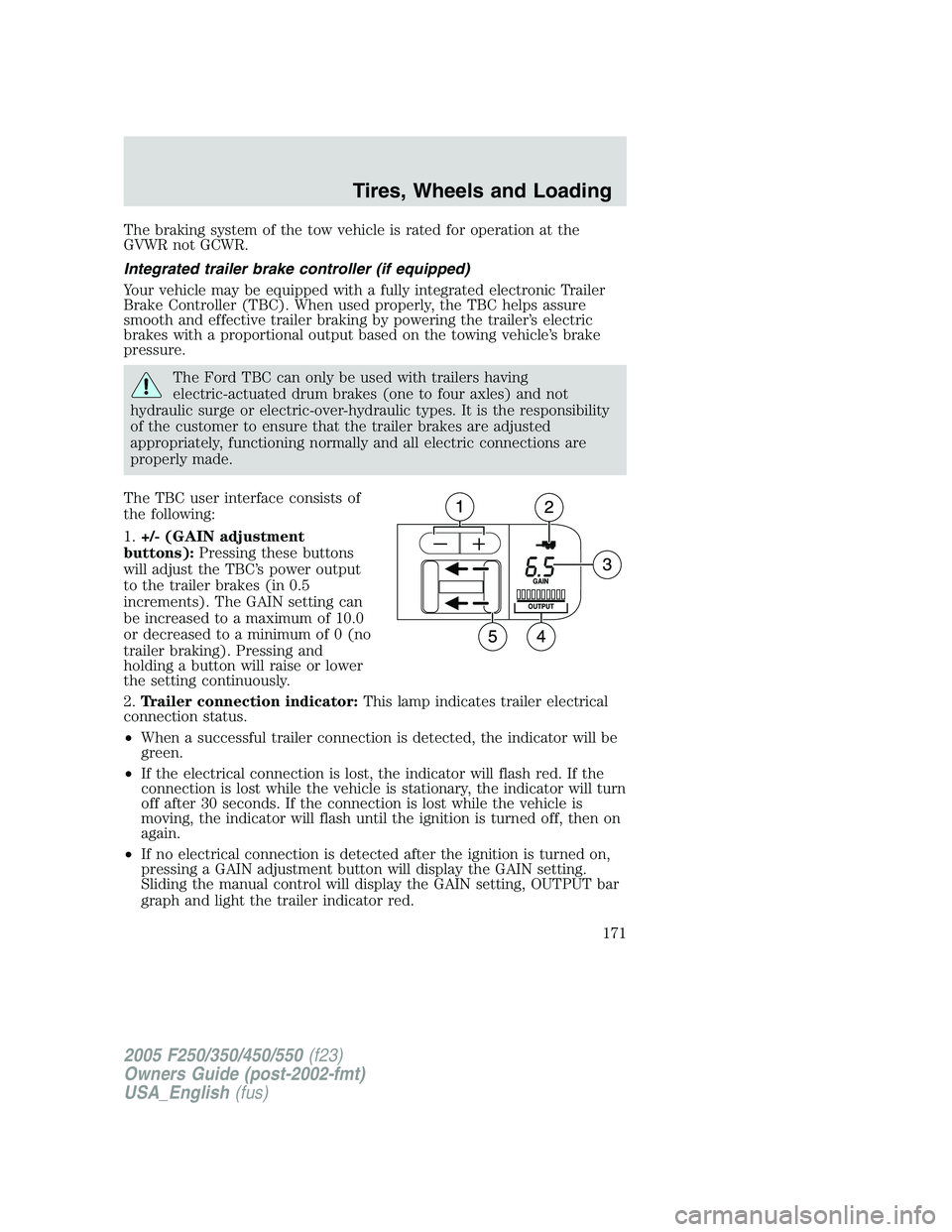 FORD F250 SUPER DUTY 2005  Owners Manual The braking system of the tow vehicle is rated for operation at the
GVWR not GCWR.
Integrated trailer brake controller (if equipped)
Your vehicle may be equipped with a fully integrated electronic Tra