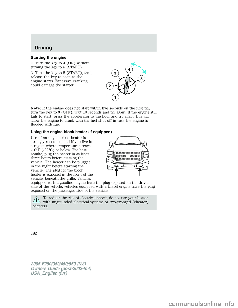 FORD F250 SUPER DUTY 2005  Owners Manual Starting the engine
1. Turn the key to 4 (ON) without
turning the key to 5 (START).
2. Turn the key to 5 (START), then
release the key as soon as the
engine starts. Excessive cranking
could damage the