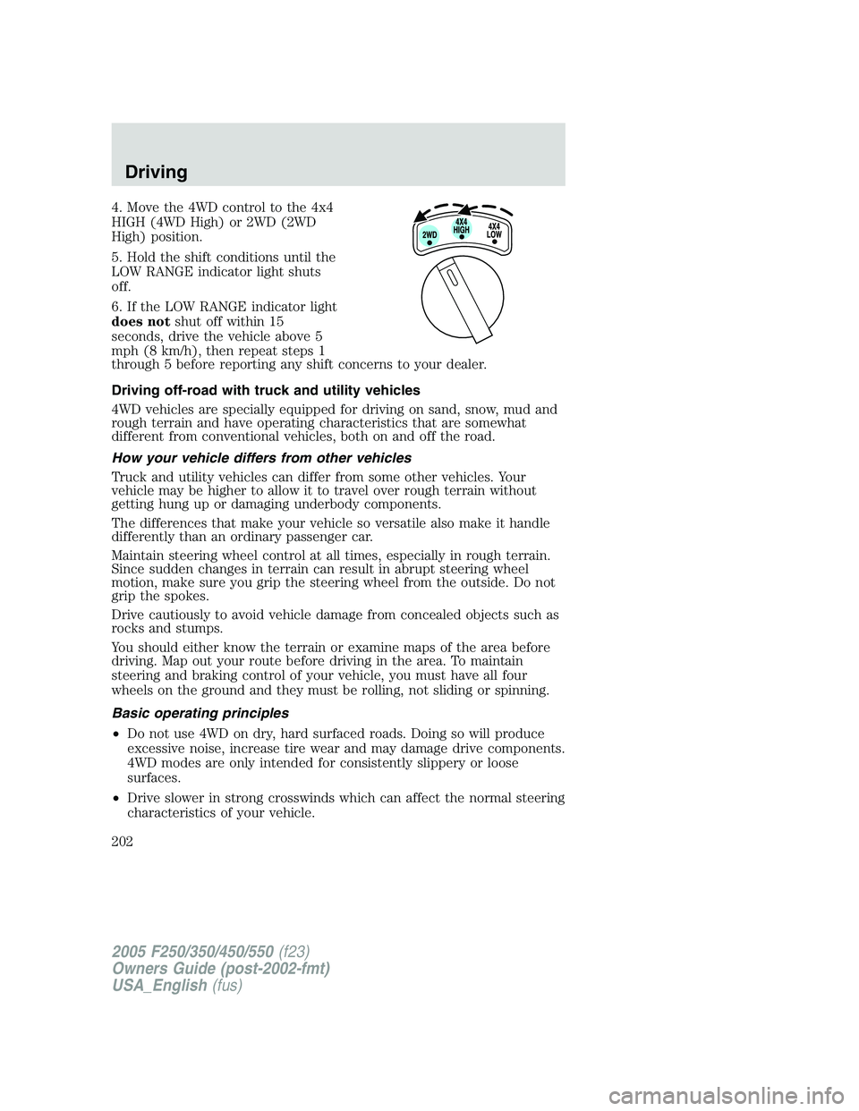 FORD F250 SUPER DUTY 2005  Owners Manual 4. Move the 4WD control to the 4x4
HIGH (4WD High) or 2WD (2WD
High) position.
5. Hold the shift conditions until the
LOW RANGE indicator light shuts
off.
6. If the LOW RANGE indicator light
does not 