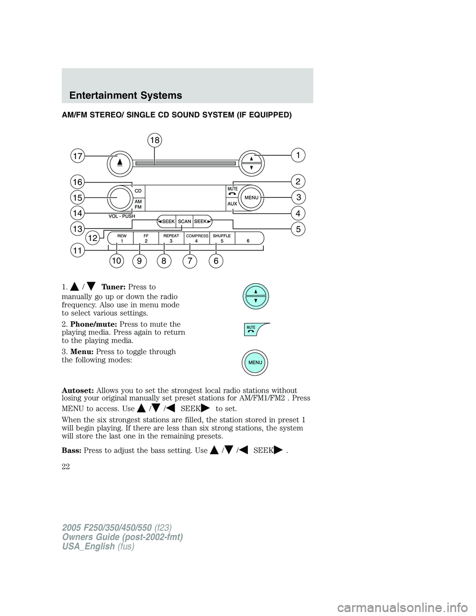 FORD F250 SUPER DUTY 2005 Owners Manual AM/FM STEREO/ SINGLE CD SOUND SYSTEM (IF EQUIPPED)
1. / Tuner: Press to
manually go up or down the radio
frequency. Also use in menu mode
to select various settings.
2. Phone/mute: Press to mute the
p FORD F250 SUPER DUTY 2005 Owners Manual AM/FM STEREO/ SINGLE CD SOUND SYSTEM (IF EQUIPPED)
1. / Tuner: Press to
manually go up or down the radio
frequency. Also use in menu mode
to select various settings.
2. Phone/mute: Press to mute the
p