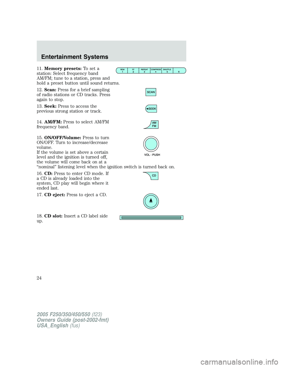 FORD F250 SUPER DUTY 2005 Owners Manual 11. Memory presets: To set a
station: Select frequency band
AM/FM; tune to a station, press and
hold a preset button until sound returns.
12. Scan: Press for a brief sampling
of radio stations or CD t FORD F250 SUPER DUTY 2005 Owners Manual 11. Memory presets: To set a
station: Select frequency band
AM/FM; tune to a station, press and
hold a preset button until sound returns.
12. Scan: Press for a brief sampling
of radio stations or CD t