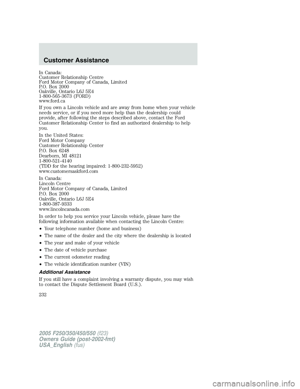 FORD F250 SUPER DUTY 2005  Owners Manual In Canada:
Customer Relationship Centre
Ford Motor Company of Canada, Limited
P.O. Box 2000
Oakville, Ontario L6J 5E4
1-800-565-3673 (FORD)
www.ford.ca
If you own a Lincoln vehicle and are away from h