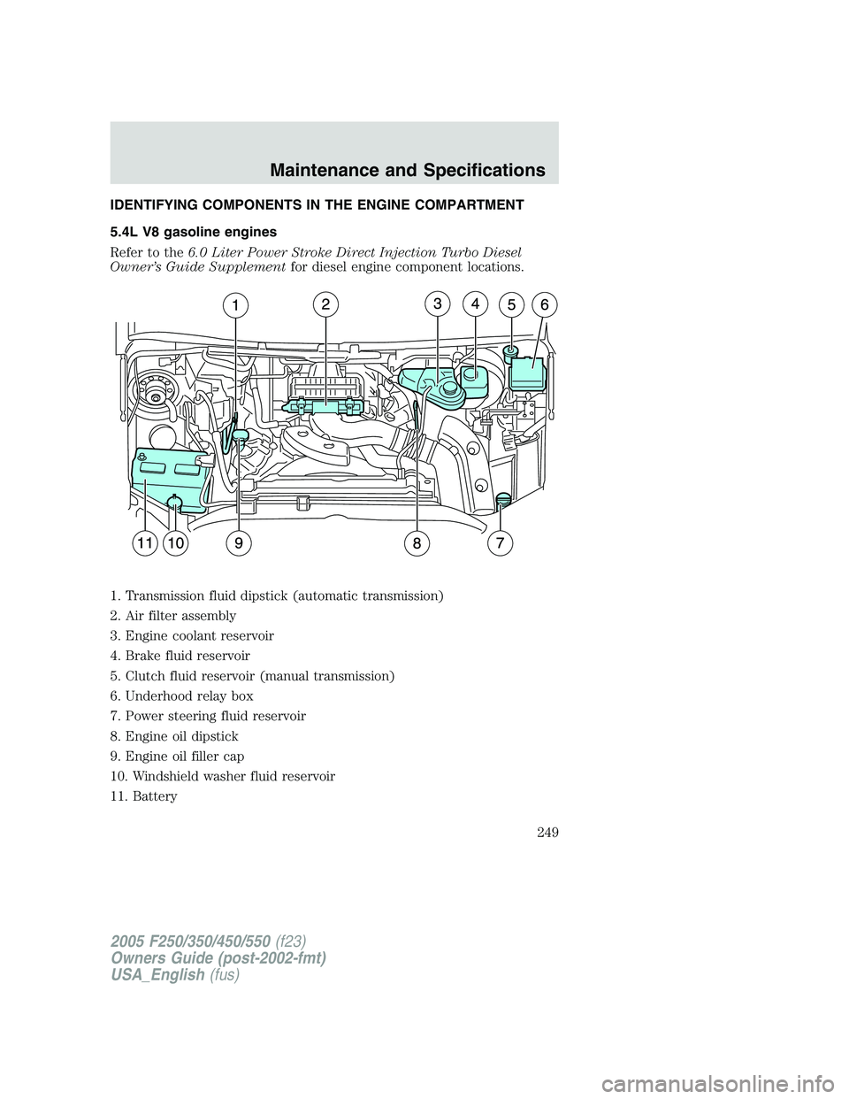 FORD F250 SUPER DUTY 2005  Owners Manual IDENTIFYING COMPONENTS IN THE ENGINE COMPARTMENT
5.4L V8 gasoline engines
Refer to the 6.0 Liter Power Stroke Direct Injection Turbo Diesel
Owner’s Guide Supplement for diesel engine component locat