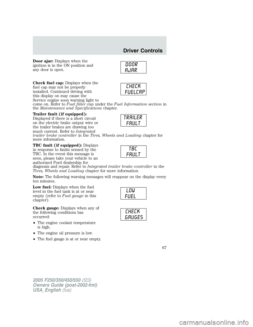 FORD F250 SUPER DUTY 2005 Repair Manual Door ajar: Displays when the
ignition is in the ON position and
any door is open.
Check fuel cap: Displays when the
fuel cap may not be properly
installed. Continued driving with
this display on may c FORD F250 SUPER DUTY 2005 Repair Manual Door ajar: Displays when the
ignition is in the ON position and
any door is open.
Check fuel cap: Displays when the
fuel cap may not be properly
installed. Continued driving with
this display on may c