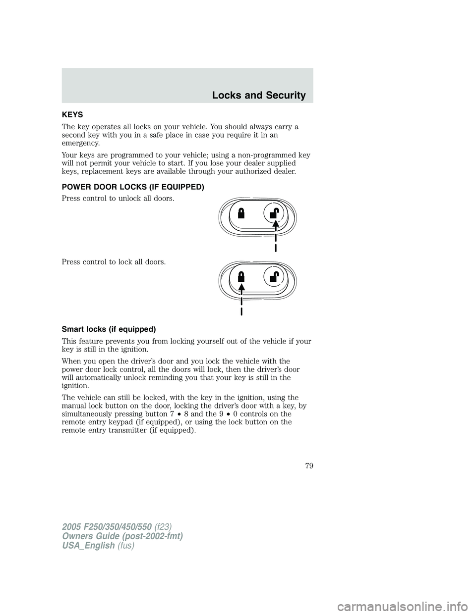 FORD F250 SUPER DUTY 2005 Manual PDF KEYS
The key operates all locks on your vehicle. You should always carry a
second key with you in a safe place in case you require it in an
emergency.
Your keys are programmed to your vehicle; using a
