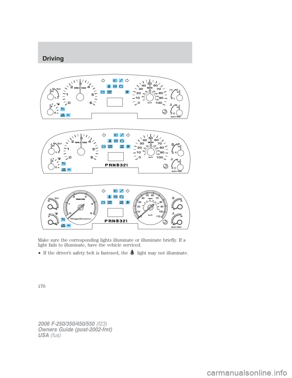 FORD F250 SUPER DUTY 2006  Owners Manual Make sure the corresponding lights illuminate or illuminate briefly. If a
light fails to illuminate, have the vehicle serviced.
• If the driver’s safety belt is fastened, the
light may not illumin