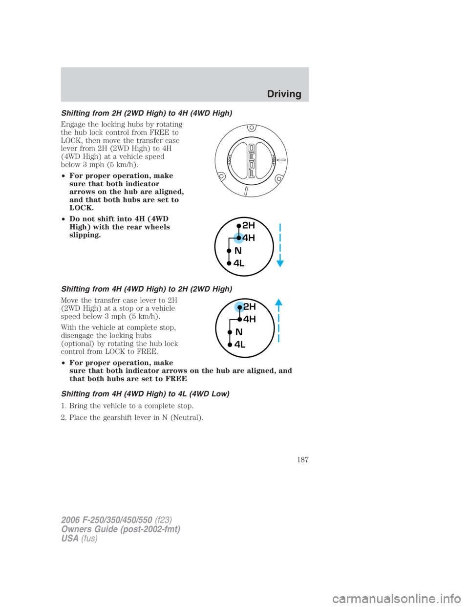 FORD F250 SUPER DUTY 2006 Owners Manual Shifting from 2H (2WD High) to 4H (4WD High)
Engage the locking hubs by rotating
the hub lock control from FREE to
LOCK, then move the transfer case
lever from 2H (2WD High) to 4H
(4WD High) at a vehi FORD F250 SUPER DUTY 2006 Owners Manual Shifting from 2H (2WD High) to 4H (4WD High)
Engage the locking hubs by rotating
the hub lock control from FREE to
LOCK, then move the transfer case
lever from 2H (2WD High) to 4H
(4WD High) at a vehi