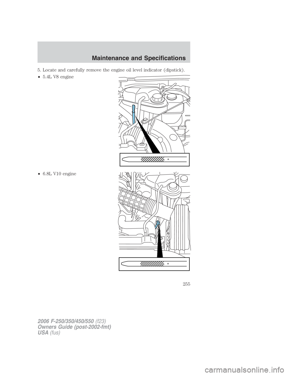 FORD F250 SUPER DUTY 2006  Owners Manual 5. Locate and carefully remove the engine oil level indicator (dipstick).
• 5.4L V8 engine
• 6.8L V10 engine
2006 F-250/350/450/550 (f23)
Owners Guide (post-2002-fmt)
USA (fus) Maintenance and Spe