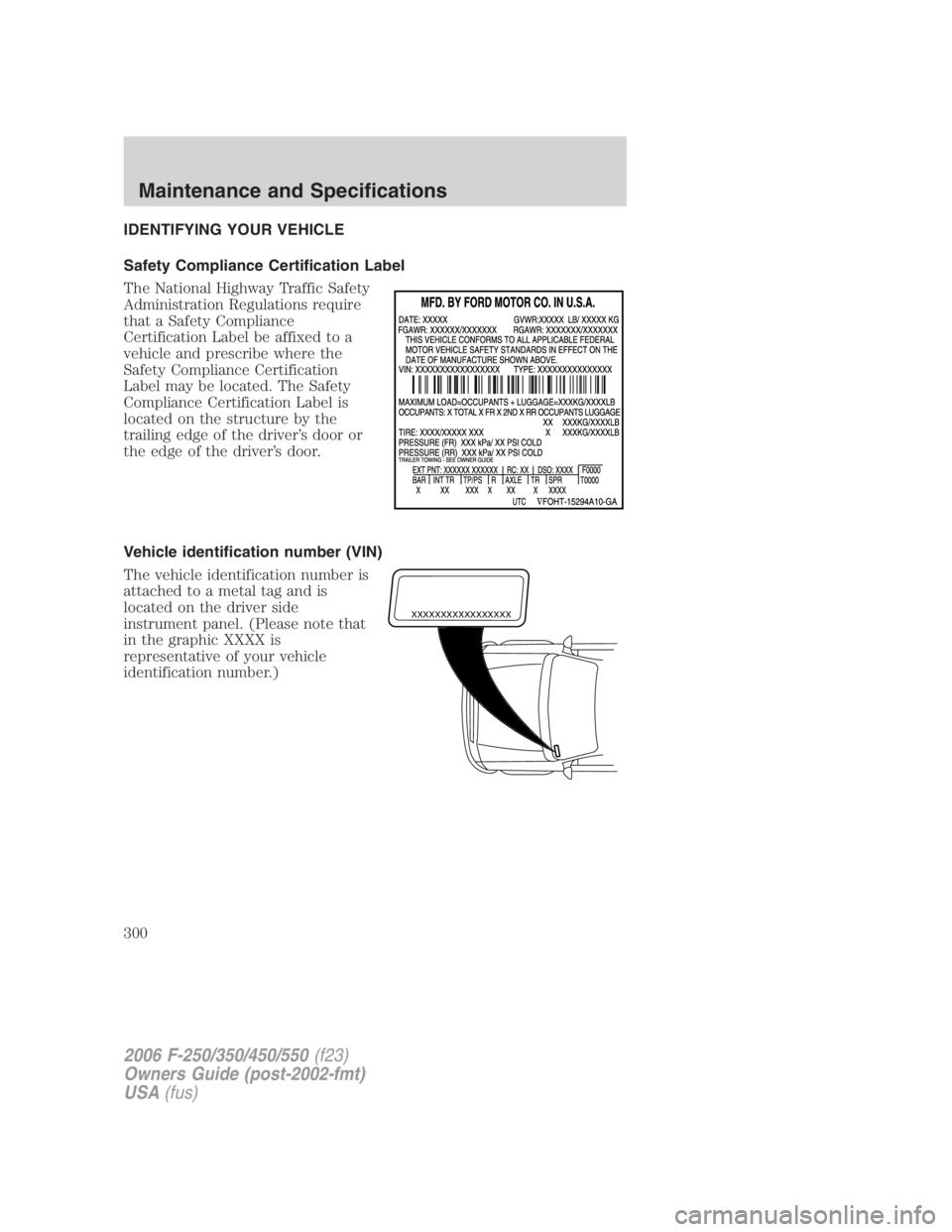 FORD F250 SUPER DUTY 2006  Owners Manual IDENTIFYING YOUR VEHICLE
Safety Compliance Certification Label
The National Highway Traffic Safety
Administration Regulations require
that a Safety Compliance
Certification Label be affixed to a
vehic