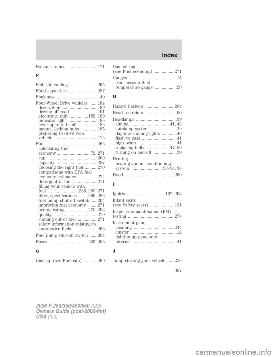 FORD F250 SUPER DUTY 2006  Owners Manual Exhaust fumes ..........................171
F
Fail safe cooling ........................265
Fluid capacities .........................287
Foglamps .....................................40
Four-Wheel Dr