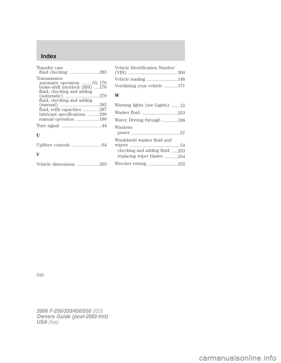 FORD F250 SUPER DUTY 2006  Owners Manual Transfer case
fluid checking .........................283
Transmission
automatic operation .........55, 176
brake-shift interlock (BSI) ....176
fluid, checking and adding
(automatic) .................