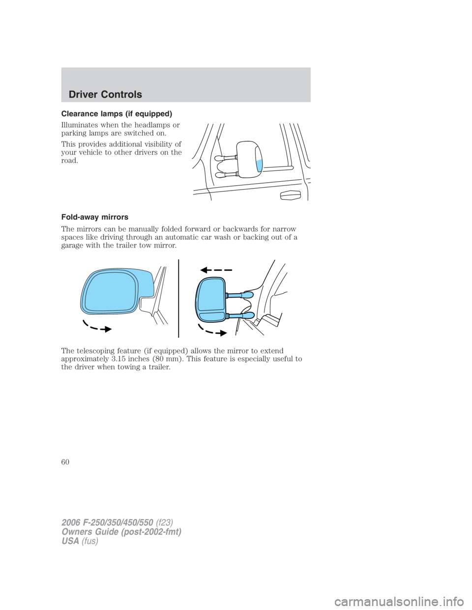 FORD F250 SUPER DUTY 2006 Workshop Manual Clearance lamps (if equipped)
Illuminates when the headlamps or
parking lamps are switched on.
This provides additional visibility of
your vehicle to other drivers on the
road.
Fold-away mirrors
The m