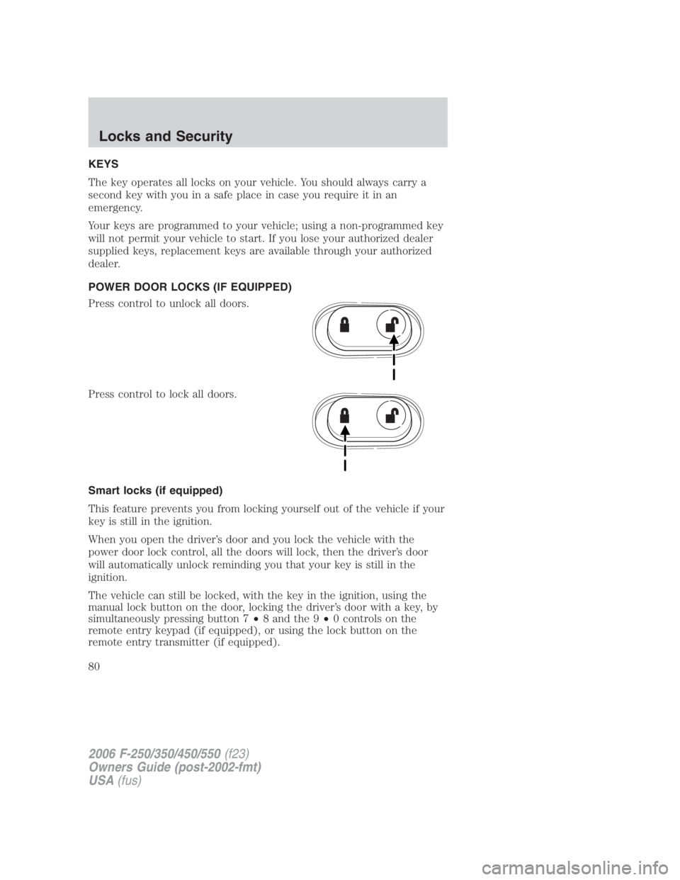 FORD F250 SUPER DUTY 2006 Manual PDF KEYS
The key operates all locks on your vehicle. You should always carry a
second key with you in a safe place in case you require it in an
emergency.
Your keys are programmed to your vehicle; using a