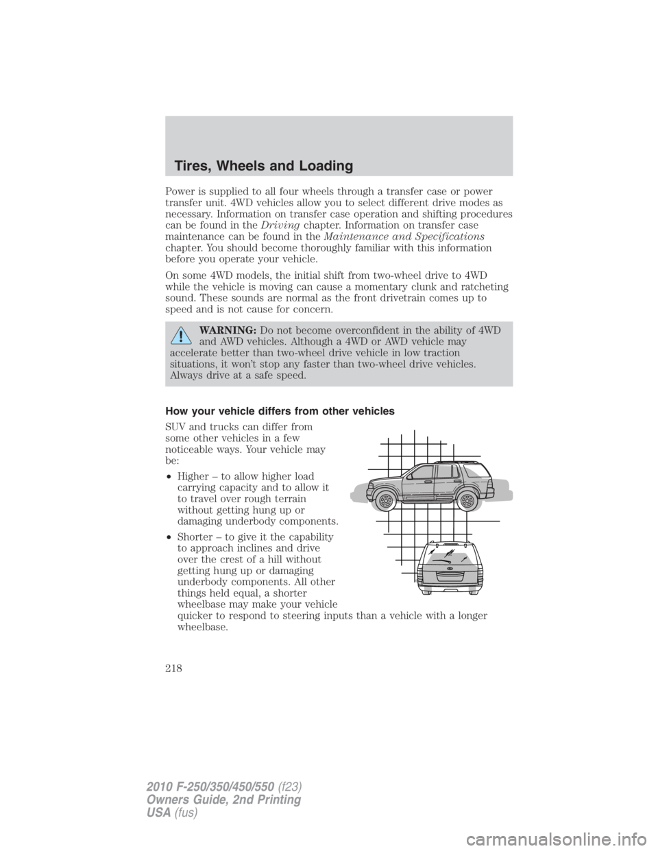 FORD F250 SUPER DUTY 2010 Owners Manual Power is supplied to all four wheels through a transfer case or power
transfer unit. 4WD vehicles allow you to select different drive modes as
necessary. Information on transfer case operation and shi FORD F250 SUPER DUTY 2010 Owners Manual Power is supplied to all four wheels through a transfer case or power
transfer unit. 4WD vehicles allow you to select different drive modes as
necessary. Information on transfer case operation and shi