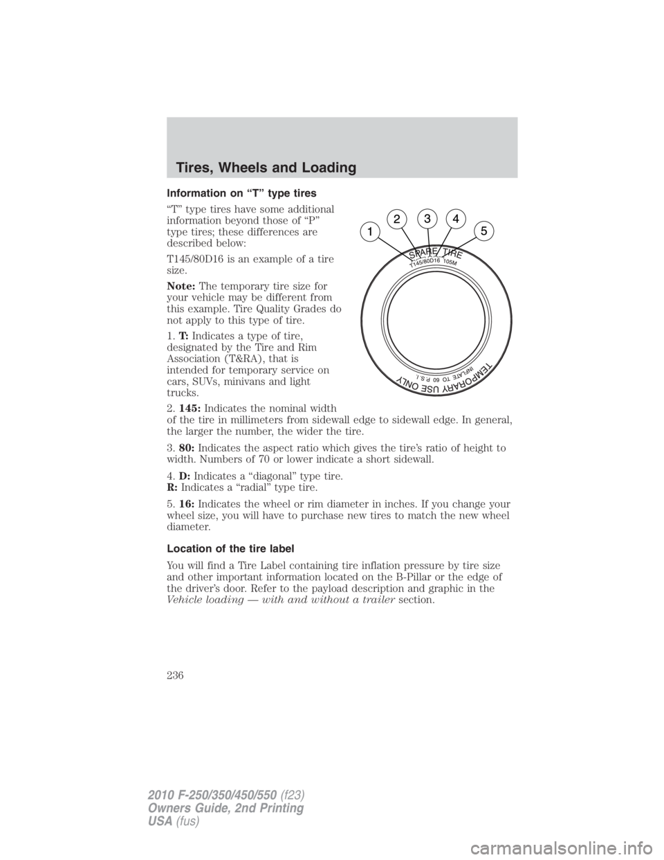 FORD F250 SUPER DUTY 2010 Owners Manual Information on “T” type tires
“T” type tires have some additional
information beyond those of “P”
type tires; these differences are
described below:
T145/80D16 is an example of a tire
size FORD F250 SUPER DUTY 2010 Owners Manual Information on “T” type tires
“T” type tires have some additional
information beyond those of “P”
type tires; these differences are
described below:
T145/80D16 is an example of a tire
size