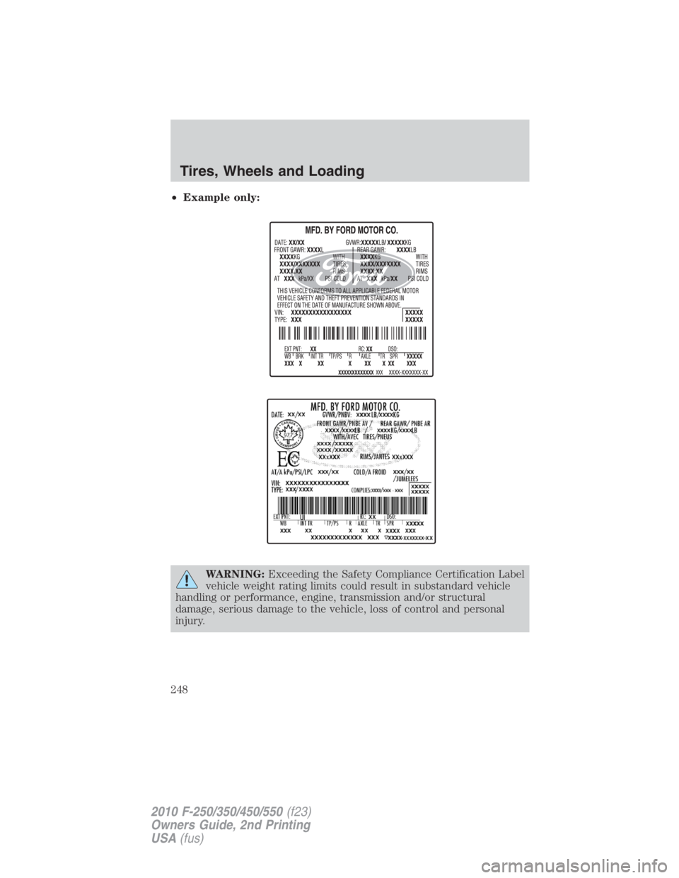 FORD F250 SUPER DUTY 2010 Owners Manual • Example only:
WARNING: Exceeding the Safety Compliance Certification Label
vehicle weight rating limits could result in substandard vehicle
handling or performance, engine, transmission and/or str FORD F250 SUPER DUTY 2010 Owners Manual • Example only:
WARNING: Exceeding the Safety Compliance Certification Label
vehicle weight rating limits could result in substandard vehicle
handling or performance, engine, transmission and/or str