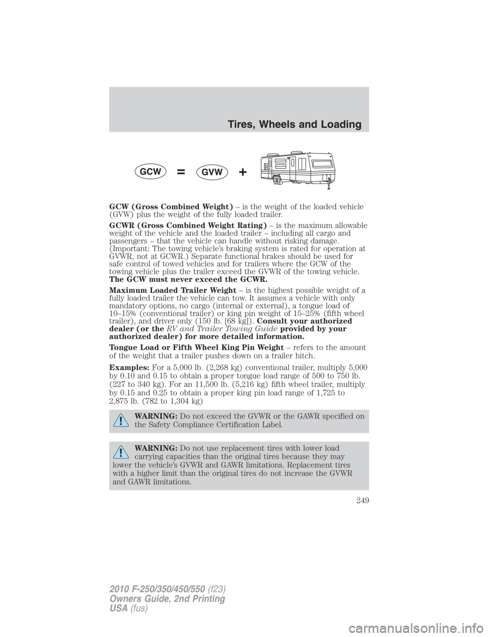 FORD F250 SUPER DUTY 2010 Owners Manual GCW (Gross Combined Weight) – is the weight of the loaded vehicle
(GVW) plus the weight of the fully loaded trailer.
GCWR (Gross Combined Weight Rating) – is the maximum allowable
weight of the ve FORD F250 SUPER DUTY 2010 Owners Manual GCW (Gross Combined Weight) – is the weight of the loaded vehicle
(GVW) plus the weight of the fully loaded trailer.
GCWR (Gross Combined Weight Rating) – is the maximum allowable
weight of the ve