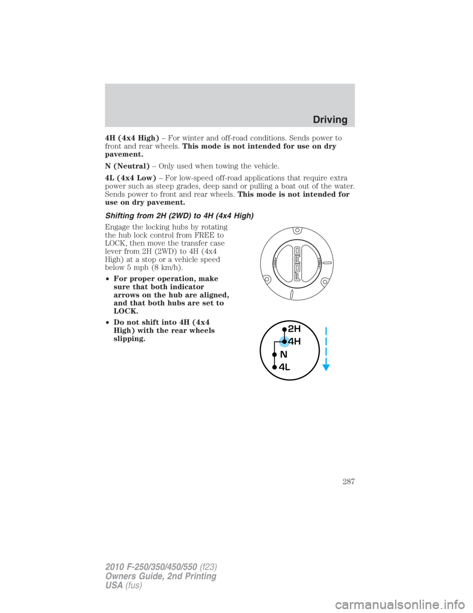 FORD F250 SUPER DUTY 2010 Owners Manual 4H (4x4 High) – For winter and off-road conditions. Sends power to
front and rear wheels. This mode is not intended for use on dry
pavement.
N (Neutral) – Only used when towing the vehicle.
4L (4x FORD F250 SUPER DUTY 2010 Owners Manual 4H (4x4 High) – For winter and off-road conditions. Sends power to
front and rear wheels. This mode is not intended for use on dry
pavement.
N (Neutral) – Only used when towing the vehicle.
4L (4x
