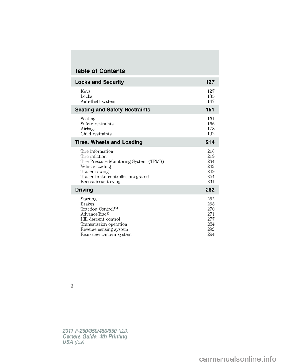FORD F250 SUPER DUTY 2011  Owners Manual Locks and Security 127Keys 127
Locks 135
Anti-theft system 147
Seating and Safety Restraints 151Seating 151
Safety restraints 166
Airbags 178
Child restraints 192
Tires, Wheels and Loading 214Tire inf