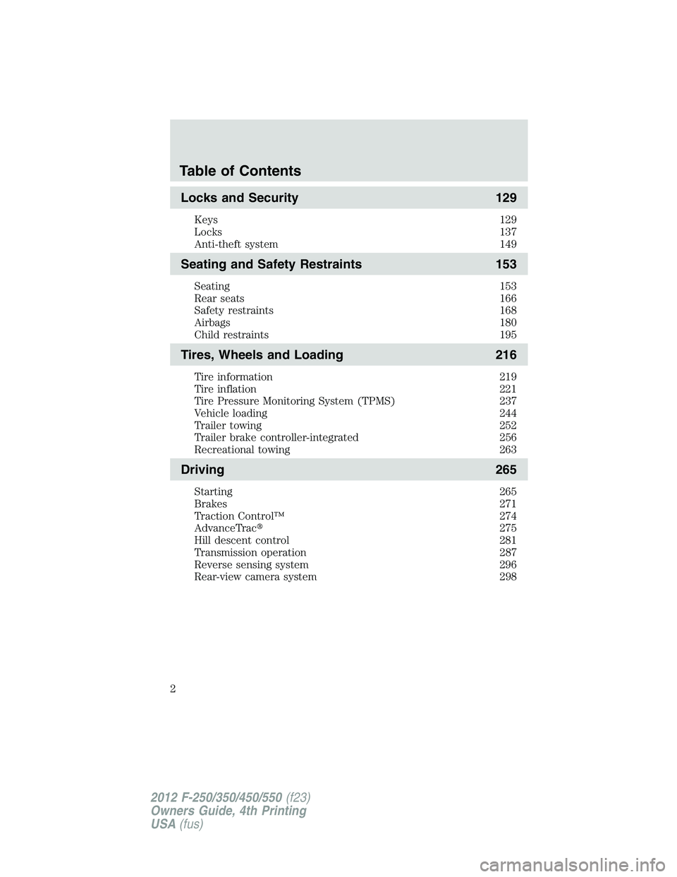 FORD F250 SUPER DUTY 2012  Owners Manual Locks and Security 129Keys 129
Locks 137
Anti-theft system 149
Seating and Safety Restraints 153Seating 153
Rear seats 166
Safety restraints 168
Airbags 180
Child restraints 195
Tires, Wheels and Load