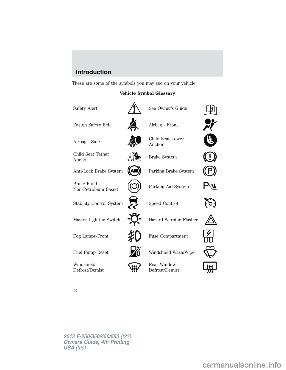 FORD F250 SUPER DUTY 2012  Owners Manual These are some of the symbols you may see on your vehicle.
Vehicle Symbol Glossary
Safety Alert See Owner’s Guide
Fasten Safety Belt Airbag - Front
Airbag - Side Child Seat Lower
Anchor
Child Seat T