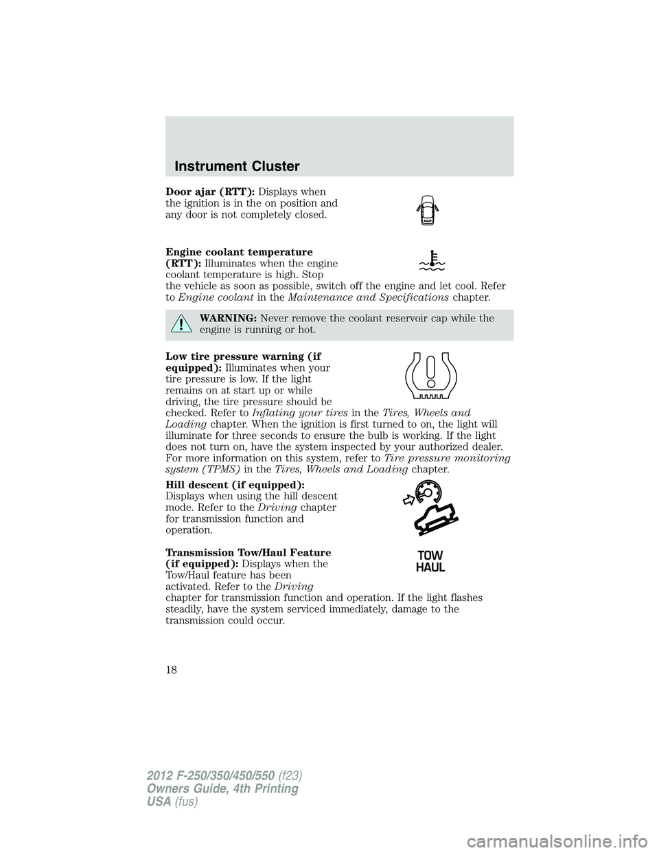 FORD F250 SUPER DUTY 2012  Owners Manual Door ajar (RTT): Displays when
the ignition is in the on position and
any door is not completely closed.
Engine coolant temperature
(RTT): Illuminates when the engine
coolant temperature is high. Stop