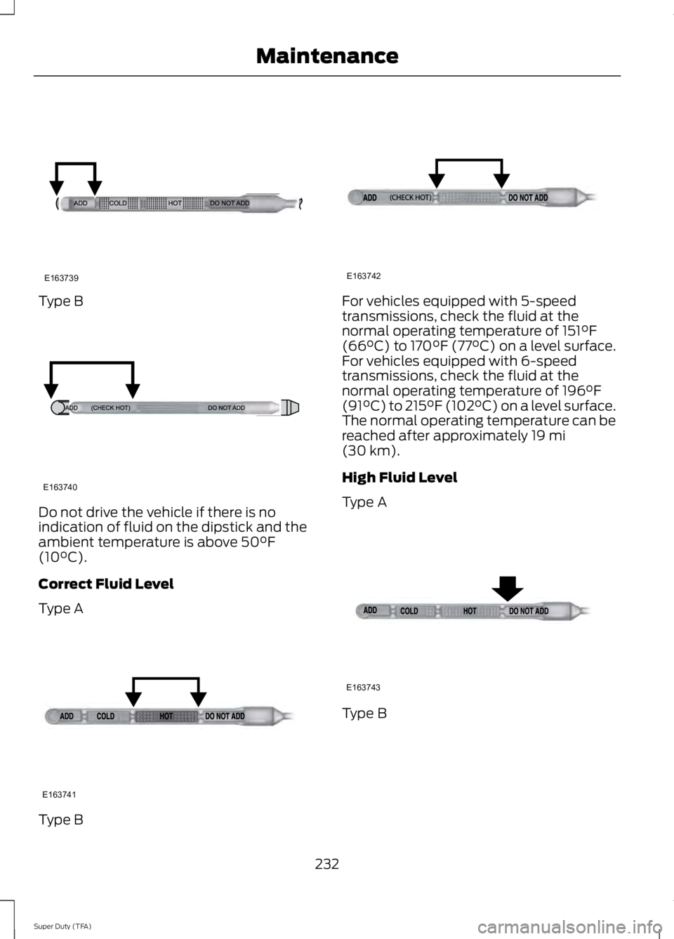 FORD F250 SUPER DUTY 2014 Owners Manual Type B
Do not drive the vehicle if there is noindication of fluid on the dipstick and theambient temperature is above 50°F(10°C).
Correct Fluid Level
Type A
Type B
For vehicles equipped with 5-speed FORD F250 SUPER DUTY 2014 Owners Manual Type B
Do not drive the vehicle if there is noindication of fluid on the dipstick and theambient temperature is above 50°F(10°C).
Correct Fluid Level
Type A
Type B
For vehicles equipped with 5-speed