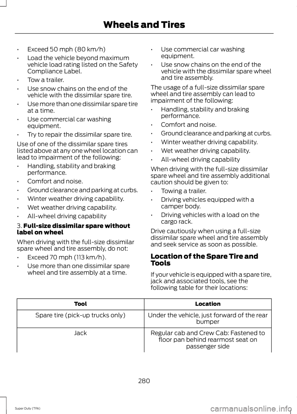 FORD F250 SUPER DUTY 2014 Owners Manual •Exceed 50 mph (80 km/h)
•Load the vehicle beyond maximumvehicle load rating listed on the SafetyCompliance Label.
•Tow a trailer.
•Use snow chains on the end of thevehicle with the dissimilar FORD F250 SUPER DUTY 2014 Owners Manual •Exceed 50 mph (80 km/h)
•Load the vehicle beyond maximumvehicle load rating listed on the SafetyCompliance Label.
•Tow a trailer.
•Use snow chains on the end of thevehicle with the dissimilar