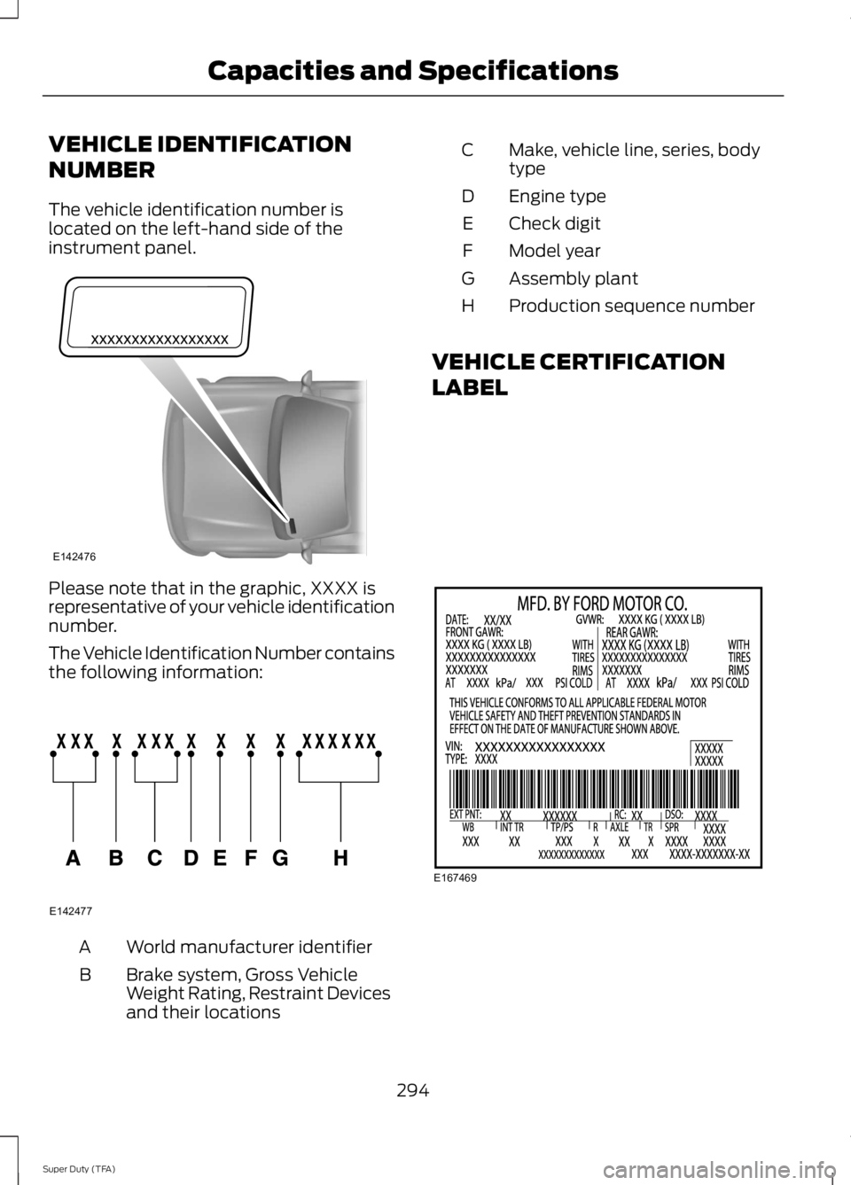 FORD F250 SUPER DUTY 2014 Owners Manual VEHICLE IDENTIFICATION
NUMBER
The vehicle identification number islocated on the left-hand side of theinstrument panel.
Please note that in the graphic, XXXX isrepresentative of your vehicle identific FORD F250 SUPER DUTY 2014 Owners Manual VEHICLE IDENTIFICATION
NUMBER
The vehicle identification number islocated on the left-hand side of theinstrument panel.
Please note that in the graphic, XXXX isrepresentative of your vehicle identific