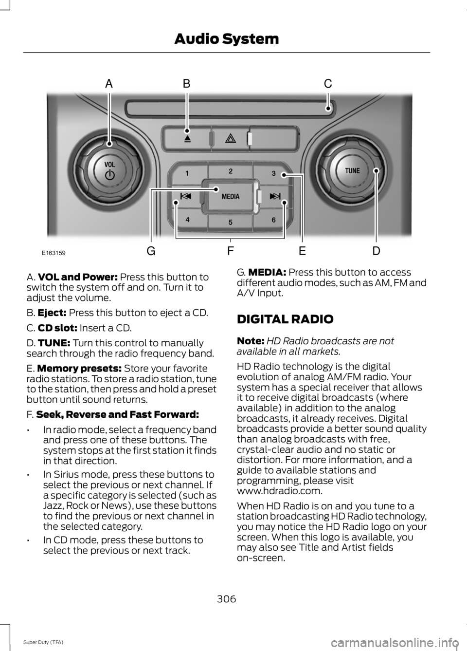 FORD F250 SUPER DUTY 2014 Owners Manual A.VOL and Power: Press this button toswitch the system off and on. Turn it toadjust the volume.
B.Eject: Press this button to eject a CD.
C.CD slot: Insert a CD.
D.TUNE: Turn this control to manuallys FORD F250 SUPER DUTY 2014 Owners Manual A.VOL and Power: Press this button toswitch the system off and on. Turn it toadjust the volume.
B.Eject: Press this button to eject a CD.
C.CD slot: Insert a CD.
D.TUNE: Turn this control to manuallys