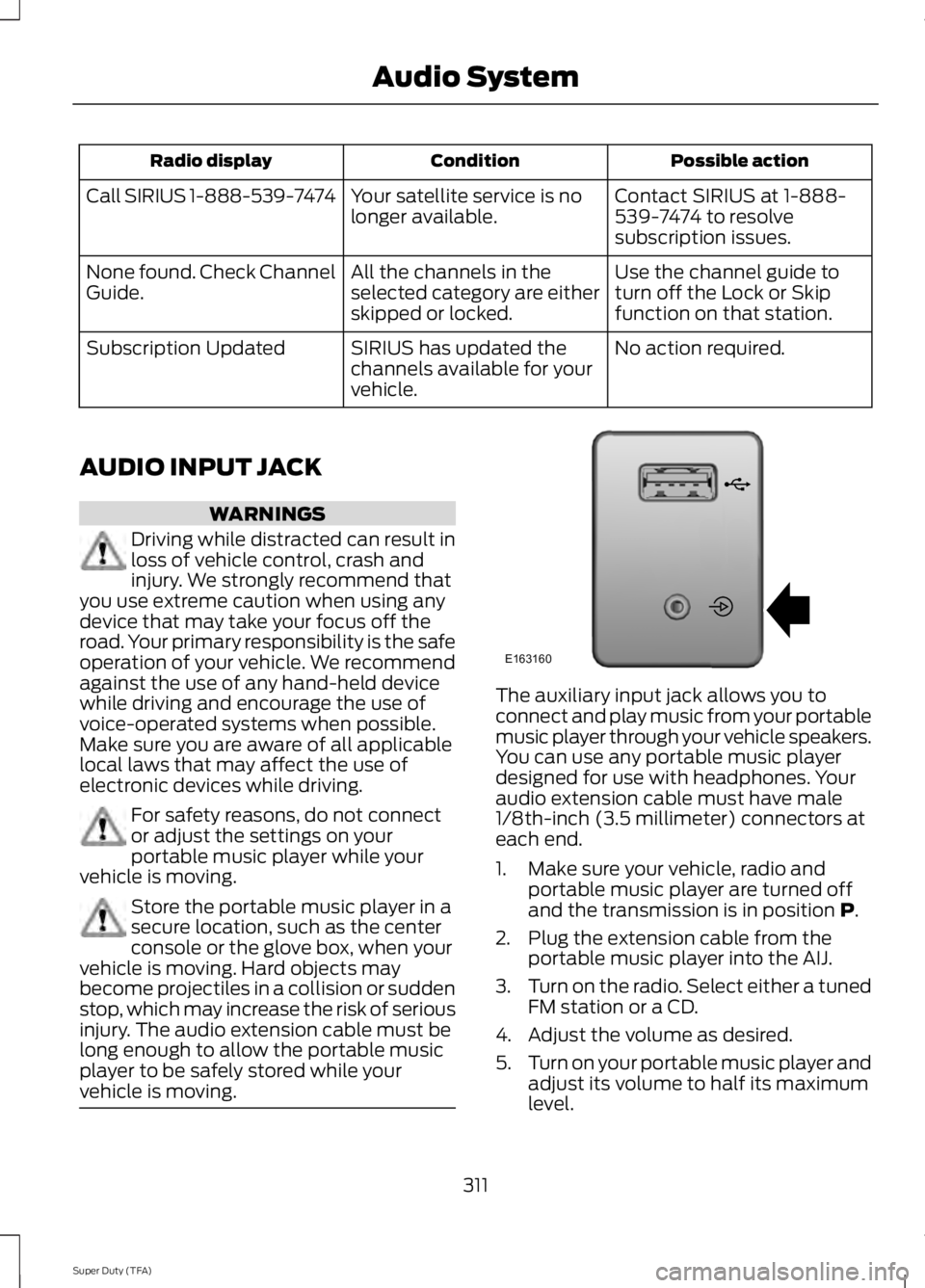 FORD F250 SUPER DUTY 2014 Owners Manual Possible actionConditionRadio display
Contact SIRIUS at 1-888-539-7474 to resolvesubscription issues.
Your satellite service is nolonger available.Call SIRIUS 1-888-539-7474
Use the channel guide totu FORD F250 SUPER DUTY 2014 Owners Manual Possible actionConditionRadio display
Contact SIRIUS at 1-888-539-7474 to resolvesubscription issues.
Your satellite service is nolonger available.Call SIRIUS 1-888-539-7474
Use the channel guide totu