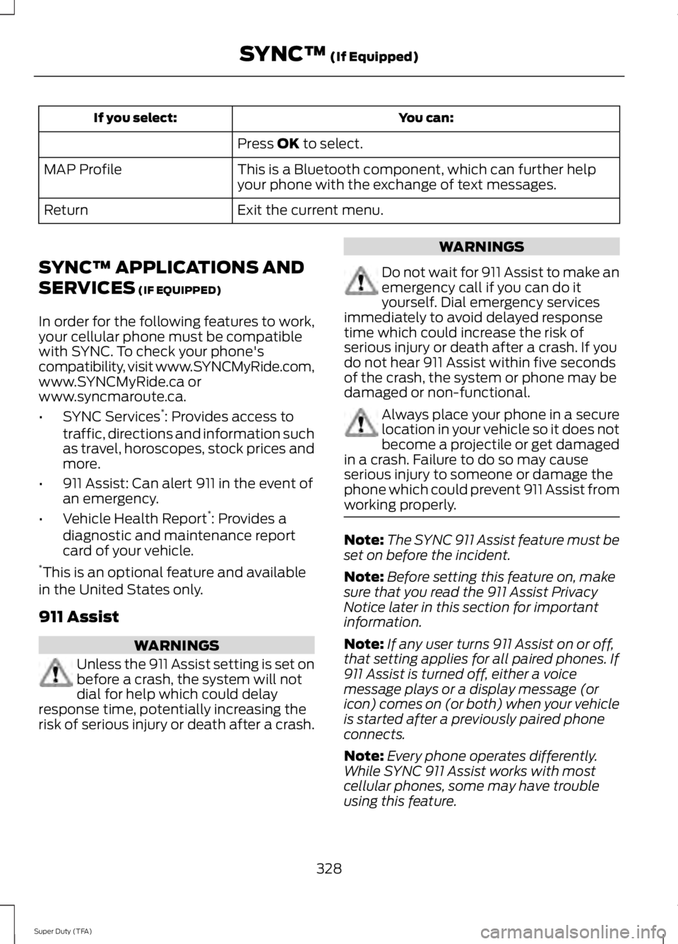 FORD F250 SUPER DUTY 2014 Owners Manual You can:If you select:
Press OK to select.
This is a Bluetooth component, which can further helpyour phone with the exchange of text messages.MAP Profile
Exit the current menu.Return
SYNC™ APPLICATI FORD F250 SUPER DUTY 2014 Owners Manual You can:If you select:
Press OK to select.
This is a Bluetooth component, which can further helpyour phone with the exchange of text messages.MAP Profile
Exit the current menu.Return
SYNC™ APPLICATI