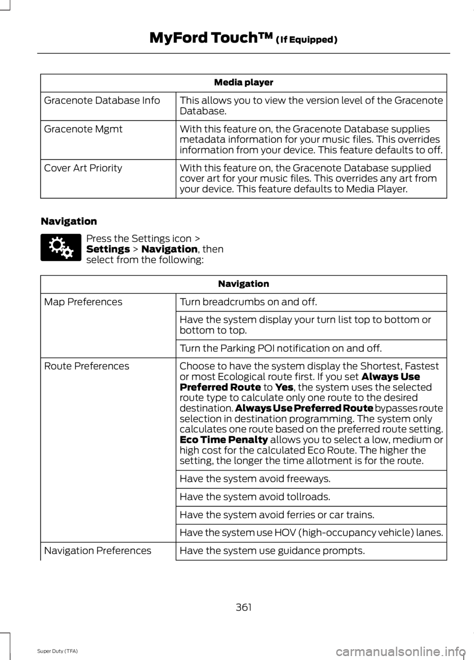 FORD F250 SUPER DUTY 2014 Owners Manual Media player
This allows you to view the version level of the GracenoteDatabase.Gracenote Database Info
With this feature on, the Gracenote Database suppliesmetadata information for your music files. FORD F250 SUPER DUTY 2014 Owners Manual Media player
This allows you to view the version level of the GracenoteDatabase.Gracenote Database Info
With this feature on, the Gracenote Database suppliesmetadata information for your music files.