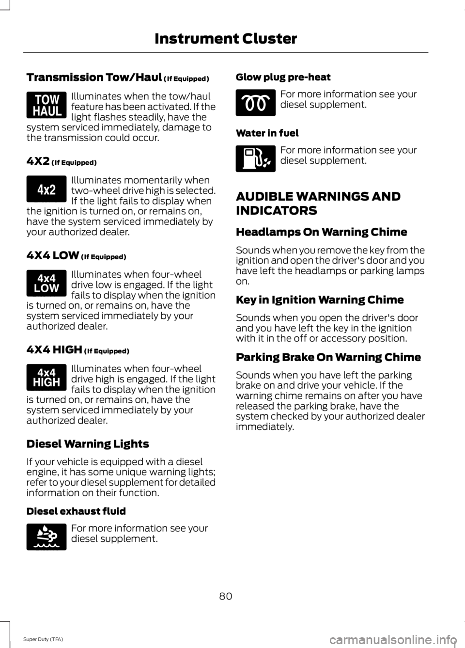 FORD F250 SUPER DUTY 2014  Owners Manual Transmission Tow/Haul (If Equipped)
Illuminates when the tow/haulfeature has been activated. If thelight flashes steadily, have thesystem serviced immediately, damage tothe transmission could occur.
4