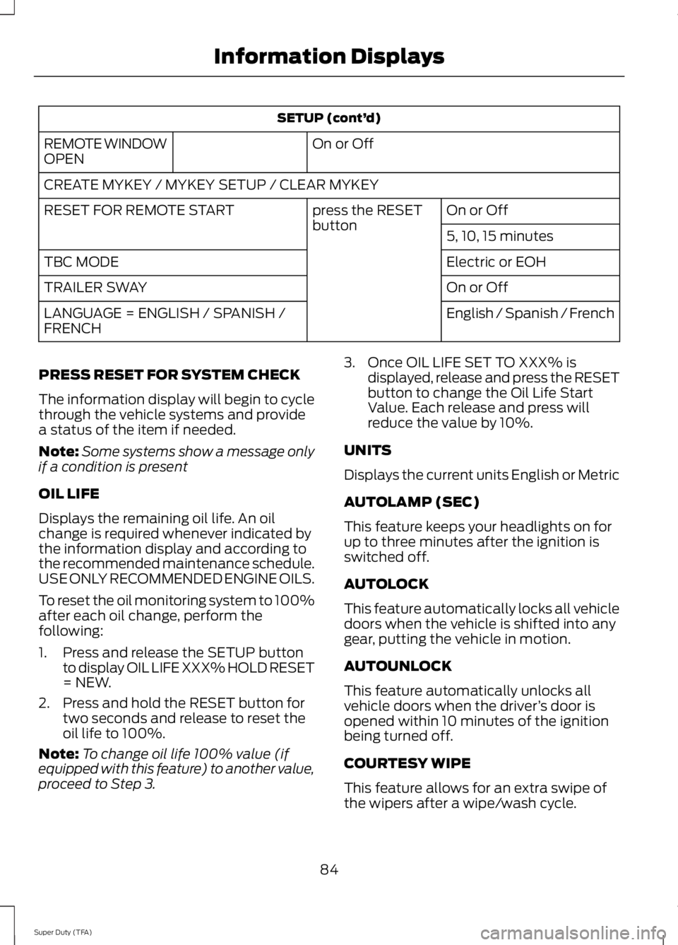 FORD F250 SUPER DUTY 2014 Manual Online SETUP (cont’d)
On or OffREMOTE WINDOWOPEN
CREATE MYKEY / MYKEY SETUP / CLEAR MYKEY
On or Offpress the RESETbuttonRESET FOR REMOTE START
5, 10, 15 minutes
Electric or EOHTBC MODE
On or OffTRAILER SWA FORD F250 SUPER DUTY 2014 Manual Online SETUP (cont’d)
On or OffREMOTE WINDOWOPEN
CREATE MYKEY / MYKEY SETUP / CLEAR MYKEY
On or Offpress the RESETbuttonRESET FOR REMOTE START
5, 10, 15 minutes
Electric or EOHTBC MODE
On or OffTRAILER SWA