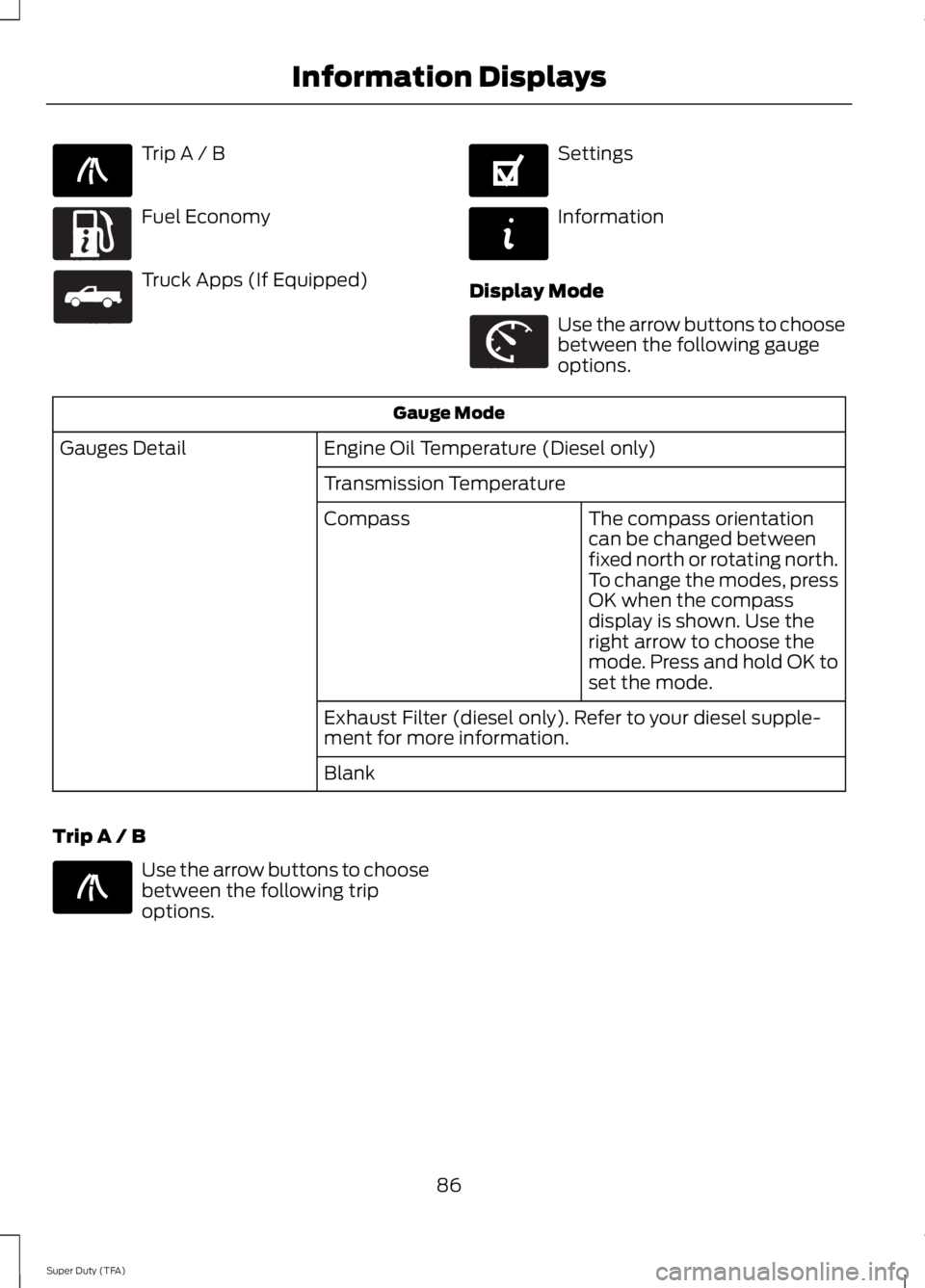 FORD F250 SUPER DUTY 2014  Owners Manual Trip A / B
Fuel Economy
Truck Apps (If Equipped)
Settings
Information
Display Mode
Use the arrow buttons to choosebetween the following gaugeoptions.
Gauge Mode
Engine Oil Temperature (Diesel only)Gau