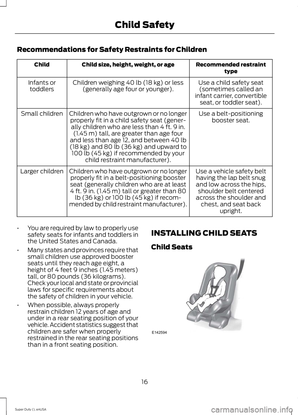 FORD F250 SUPER DUTY 2015 User Guide Recommendations for Safety Restraints for Children
Recommended restrainttypeChild size, height, weight, or ageChild
Use a child safety seat(sometimes called aninfant carrier, convertibleseat, or toddl