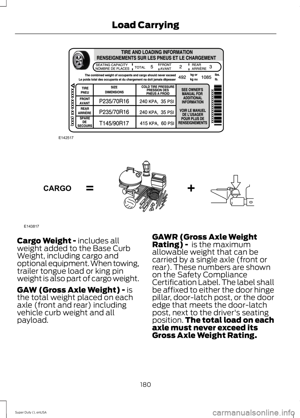 FORD F250 SUPER DUTY 2015 Owners Manual Cargo Weight - includes allweight added to the Base CurbWeight, including cargo andoptional equipment. When towing,trailer tongue load or king pinweight is also part of cargo weight.
GAW (Gross Axle W FORD F250 SUPER DUTY 2015 Owners Manual Cargo Weight - includes allweight added to the Base CurbWeight, including cargo andoptional equipment. When towing,trailer tongue load or king pinweight is also part of cargo weight.
GAW (Gross Axle W