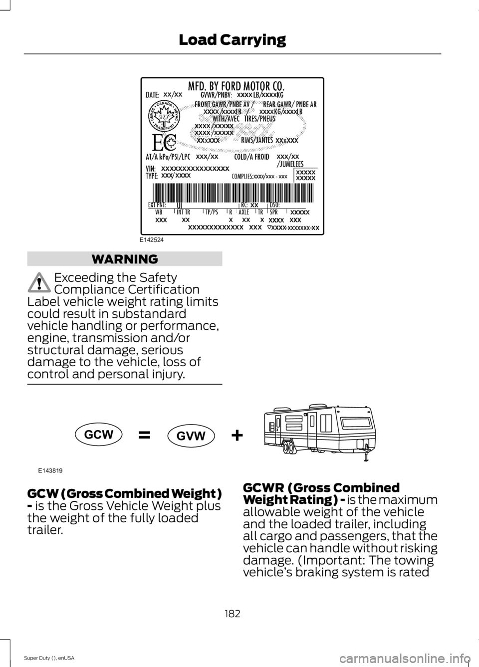 FORD F250 SUPER DUTY 2015 Owners Manual WARNING
Exceeding the SafetyCompliance CertificationLabel vehicle weight rating limitscould result in substandardvehicle handling or performance,engine, transmission and/orstructural damage, seriousda FORD F250 SUPER DUTY 2015 Owners Manual WARNING
Exceeding the SafetyCompliance CertificationLabel vehicle weight rating limitscould result in substandardvehicle handling or performance,engine, transmission and/orstructural damage, seriousda