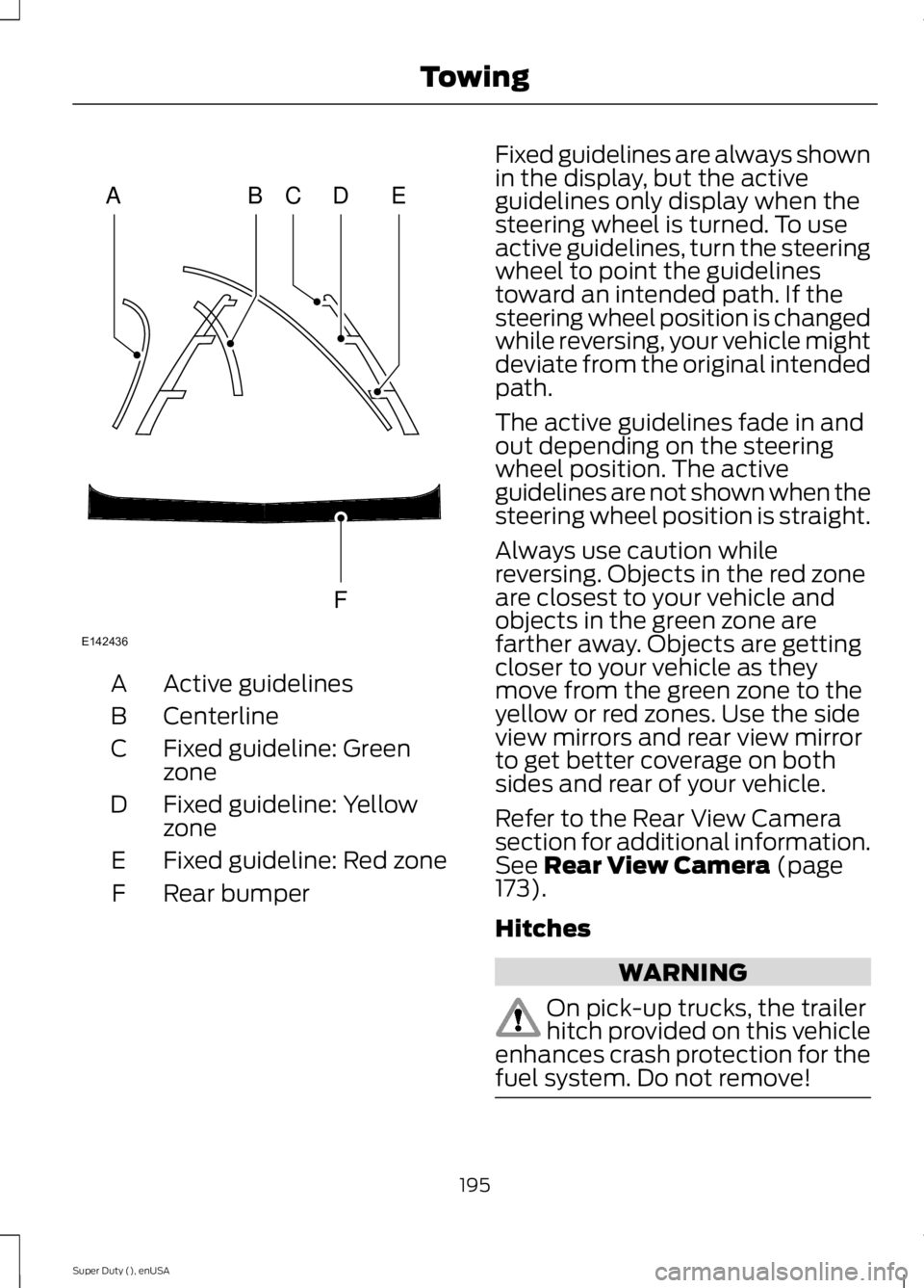 FORD F250 SUPER DUTY 2015 Owners Manual Active guidelinesA
CenterlineB
Fixed guideline: GreenzoneC
Fixed guideline: YellowzoneD
Fixed guideline: Red zoneE
Rear bumperF
Fixed guidelines are always shownin the display, but the activeguideline FORD F250 SUPER DUTY 2015 Owners Manual Active guidelinesA
CenterlineB
Fixed guideline: GreenzoneC
Fixed guideline: YellowzoneD
Fixed guideline: Red zoneE
Rear bumperF
Fixed guidelines are always shownin the display, but the activeguideline