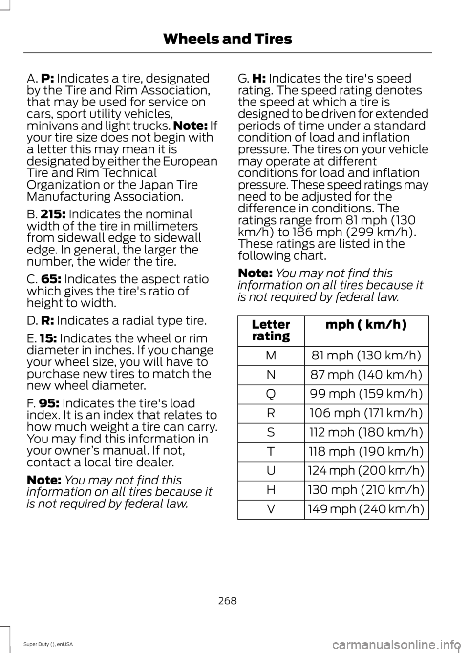 FORD F250 SUPER DUTY 2015  Owners Manual A.P: Indicates a tire, designatedby the Tire and Rim Association,that may be used for service oncars, sport utility vehicles,minivans and light trucks.Note: Ifyour tire size does not begin witha lette