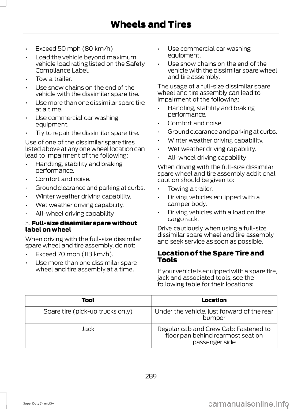 FORD F250 SUPER DUTY 2015 Owners Manual •Exceed 50 mph (80 km/h)
•Load the vehicle beyond maximumvehicle load rating listed on the SafetyCompliance Label.
•Tow a trailer.
•Use snow chains on the end of thevehicle with the dissimilar FORD F250 SUPER DUTY 2015 Owners Manual •Exceed 50 mph (80 km/h)
•Load the vehicle beyond maximumvehicle load rating listed on the SafetyCompliance Label.
•Tow a trailer.
•Use snow chains on the end of thevehicle with the dissimilar