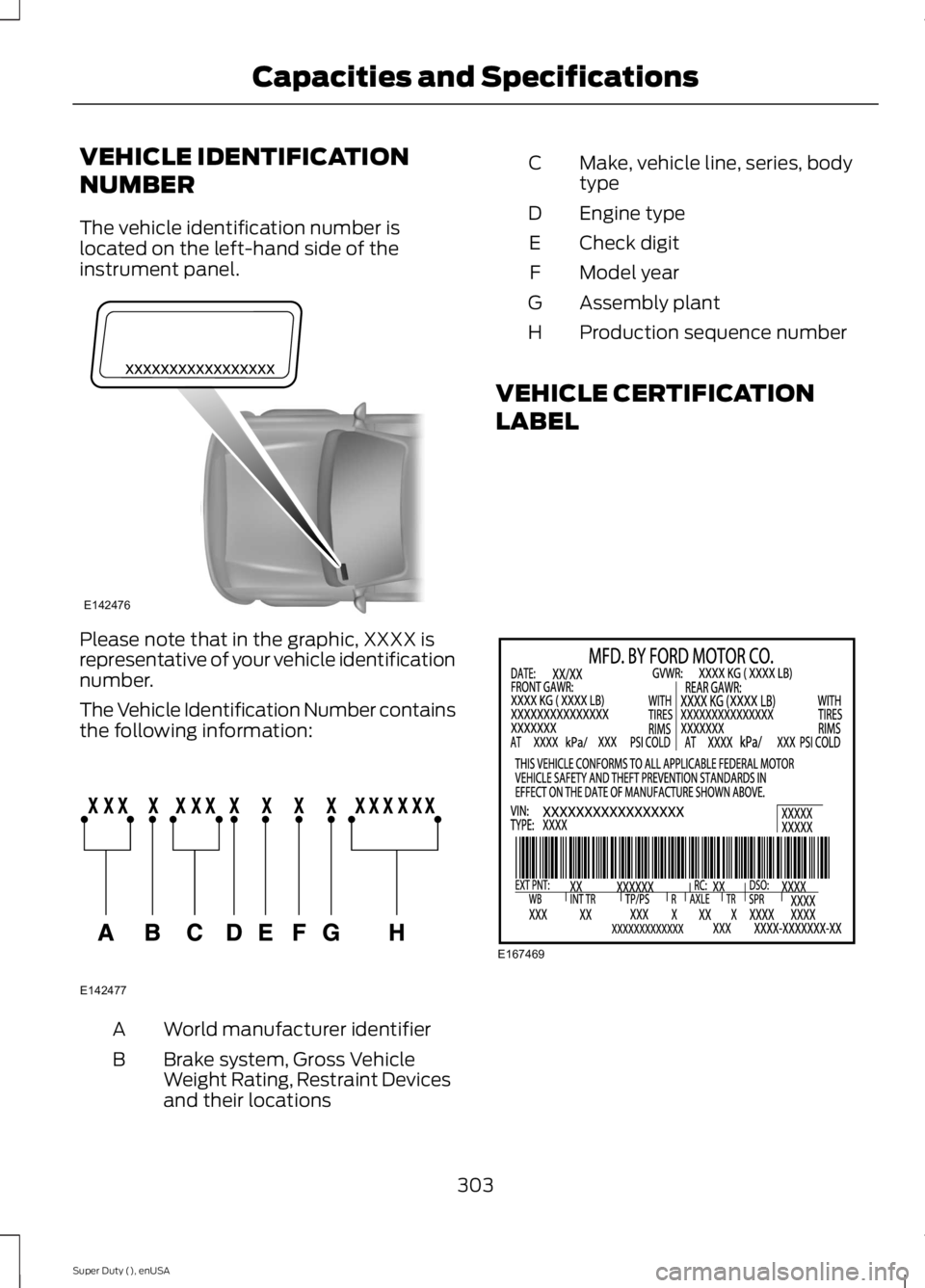 FORD F250 SUPER DUTY 2015  Owners Manual VEHICLE IDENTIFICATION
NUMBER
The vehicle identification number islocated on the left-hand side of theinstrument panel.
Please note that in the graphic, XXXX isrepresentative of your vehicle identific