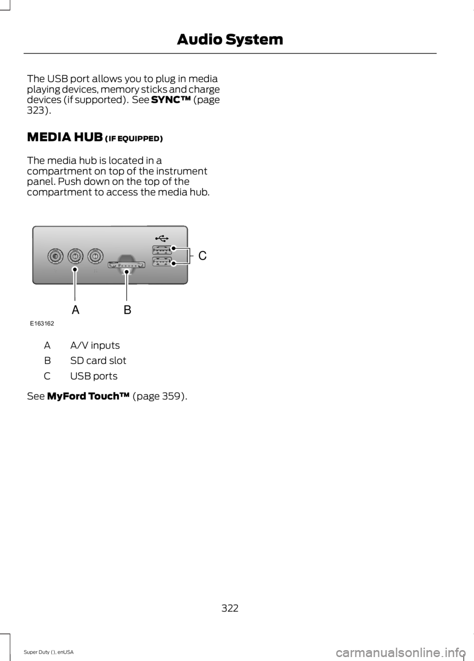 FORD F250 SUPER DUTY 2015 Owners Manual The USB port allows you to plug in mediaplaying devices, memory sticks and chargedevices (if supported). See SYNC™ (page323).
MEDIA HUB (IF EQUIPPED)
The media hub is located in acompartment on top FORD F250 SUPER DUTY 2015 Owners Manual The USB port allows you to plug in mediaplaying devices, memory sticks and chargedevices (if supported). See SYNC™ (page323).
MEDIA HUB (IF EQUIPPED)
The media hub is located in acompartment on top