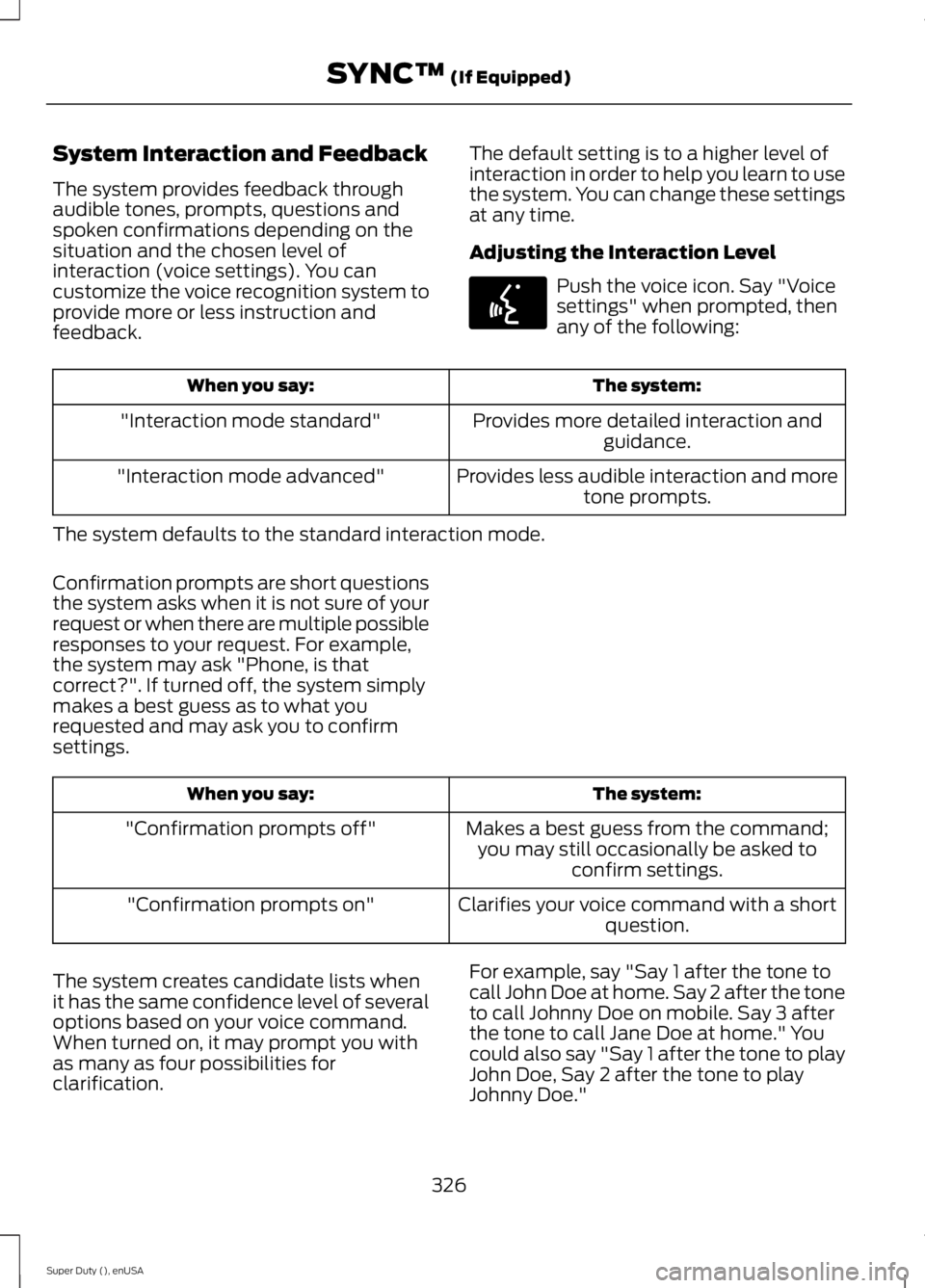 FORD F250 SUPER DUTY 2015 Owners Manual System Interaction and Feedback
The system provides feedback throughaudible tones, prompts, questions andspoken confirmations depending on thesituation and the chosen level ofinteraction (voice settin FORD F250 SUPER DUTY 2015 Owners Manual System Interaction and Feedback
The system provides feedback throughaudible tones, prompts, questions andspoken confirmations depending on thesituation and the chosen level ofinteraction (voice settin